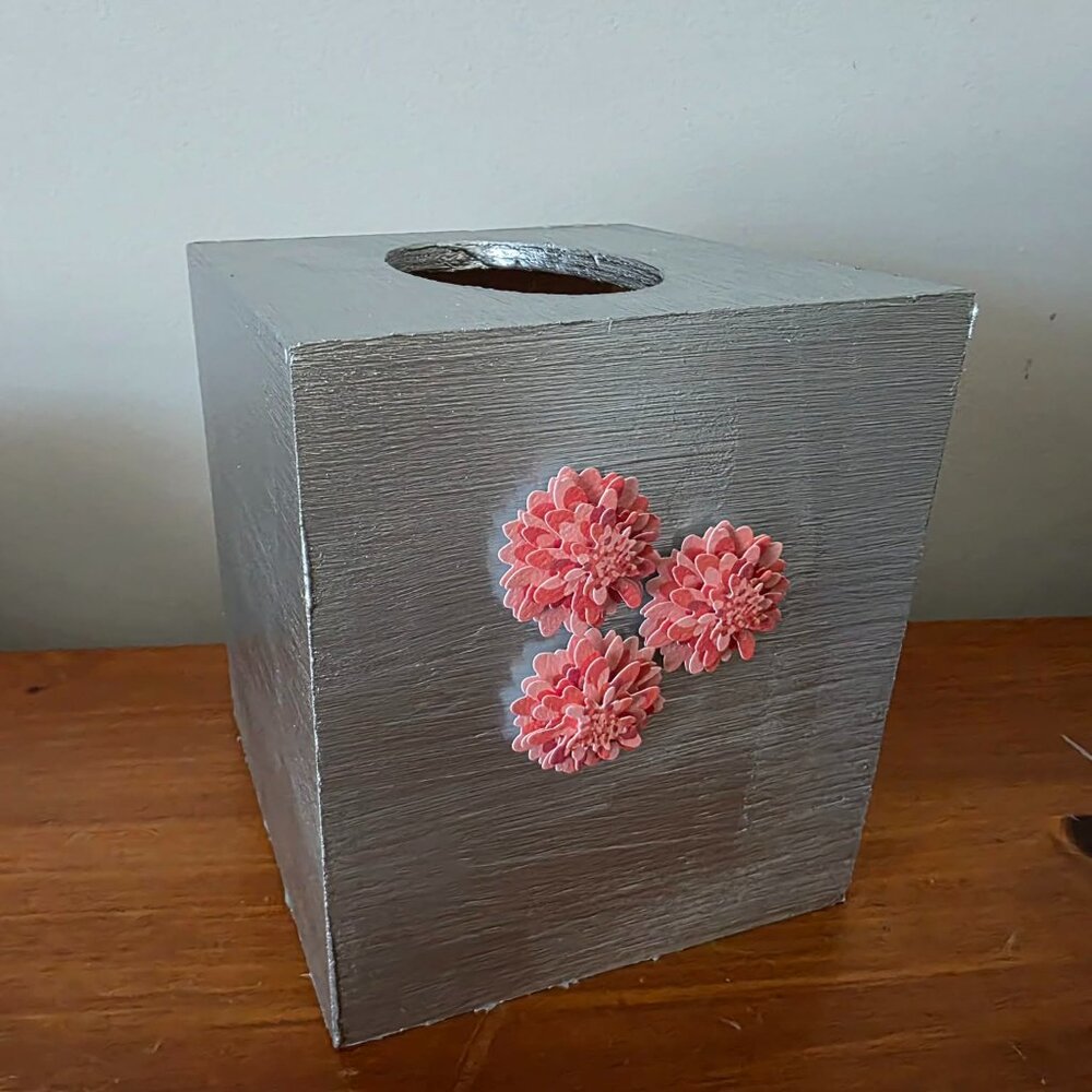 3D Floral Tissue Box Cover | Hand-painted Metallic Silver w/ Pink Flowers